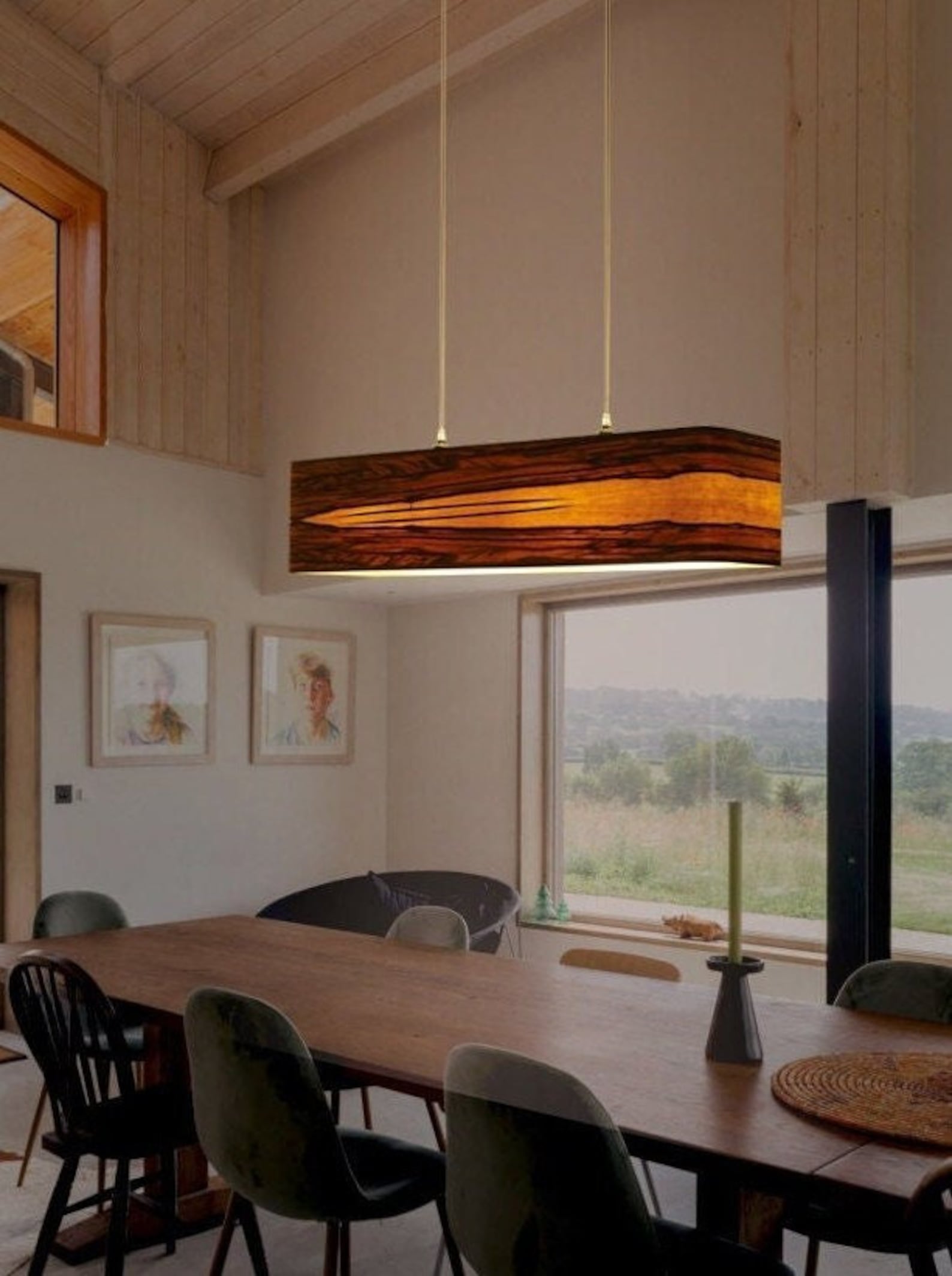 Contemporary Linear Pendant Light Fixture, Red Gum Natural Veneer, Handmade Wood Chandelier, Scandinavian Minimalist Design, Dine Room Light
