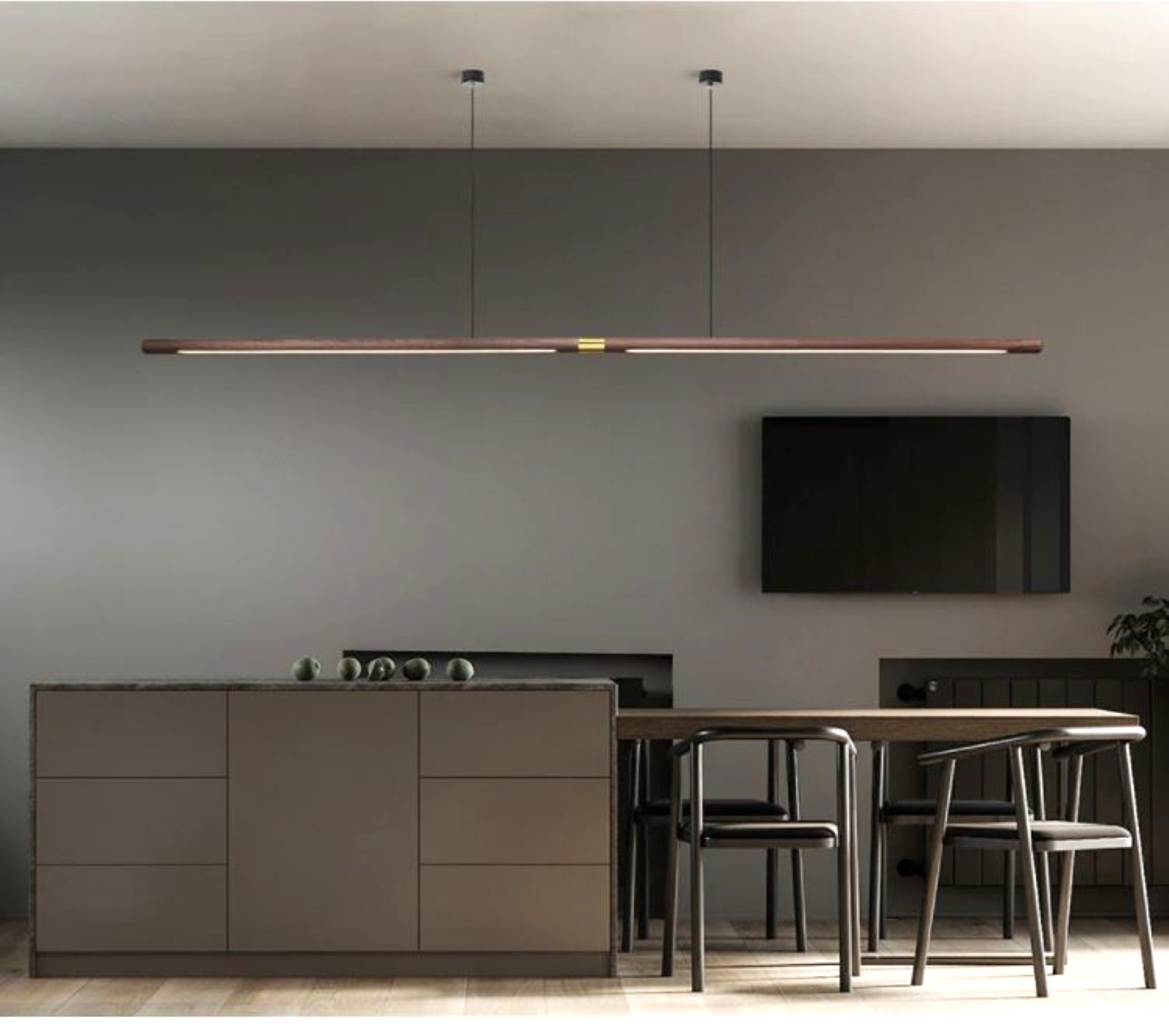 Extra Long Round Linear Pendant Suspension Chandelier Lamp Light Minimalist Black Walnut Brass