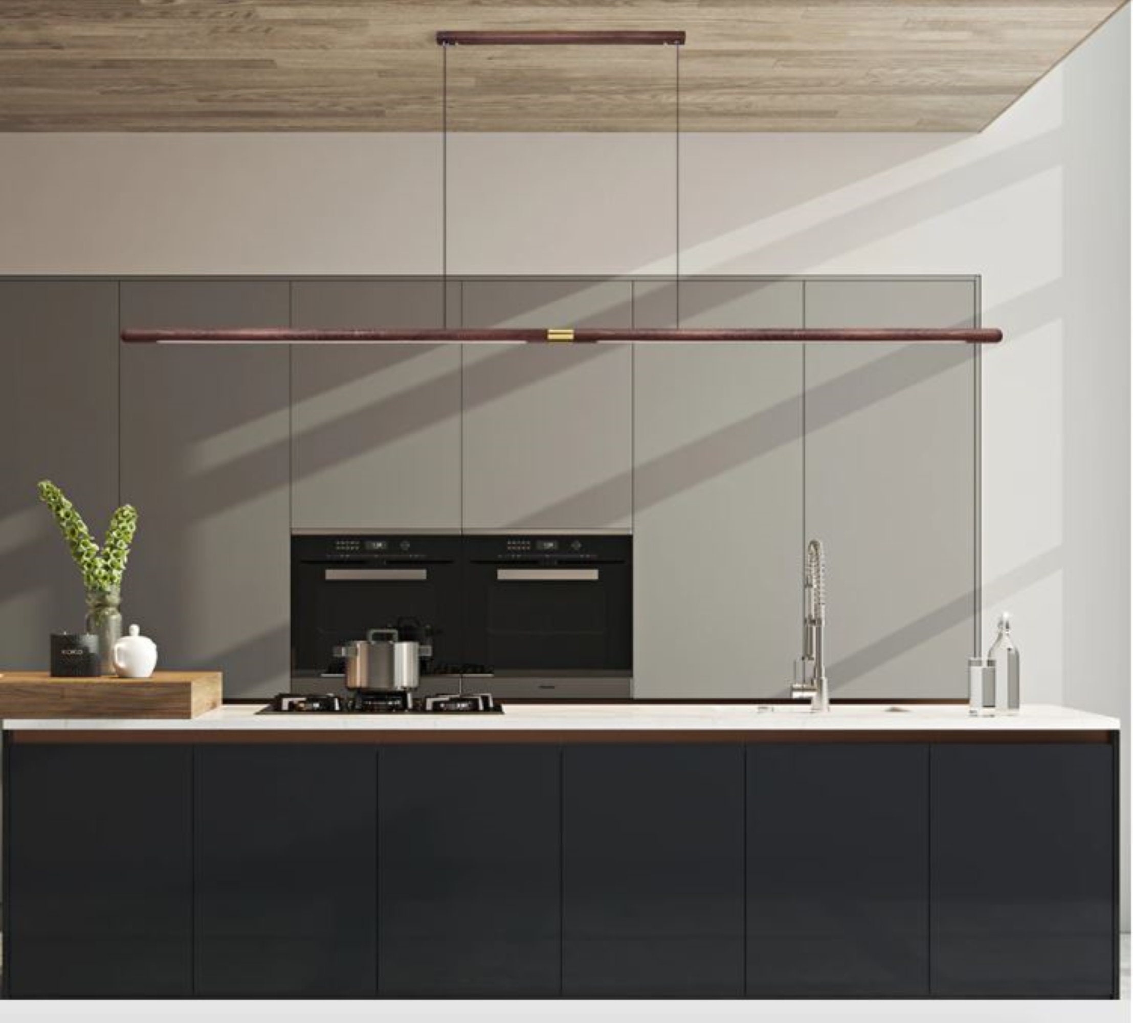 Extra Long Round Linear Pendant Suspension Chandelier Lamp Light Minimalist Black Walnut Brass