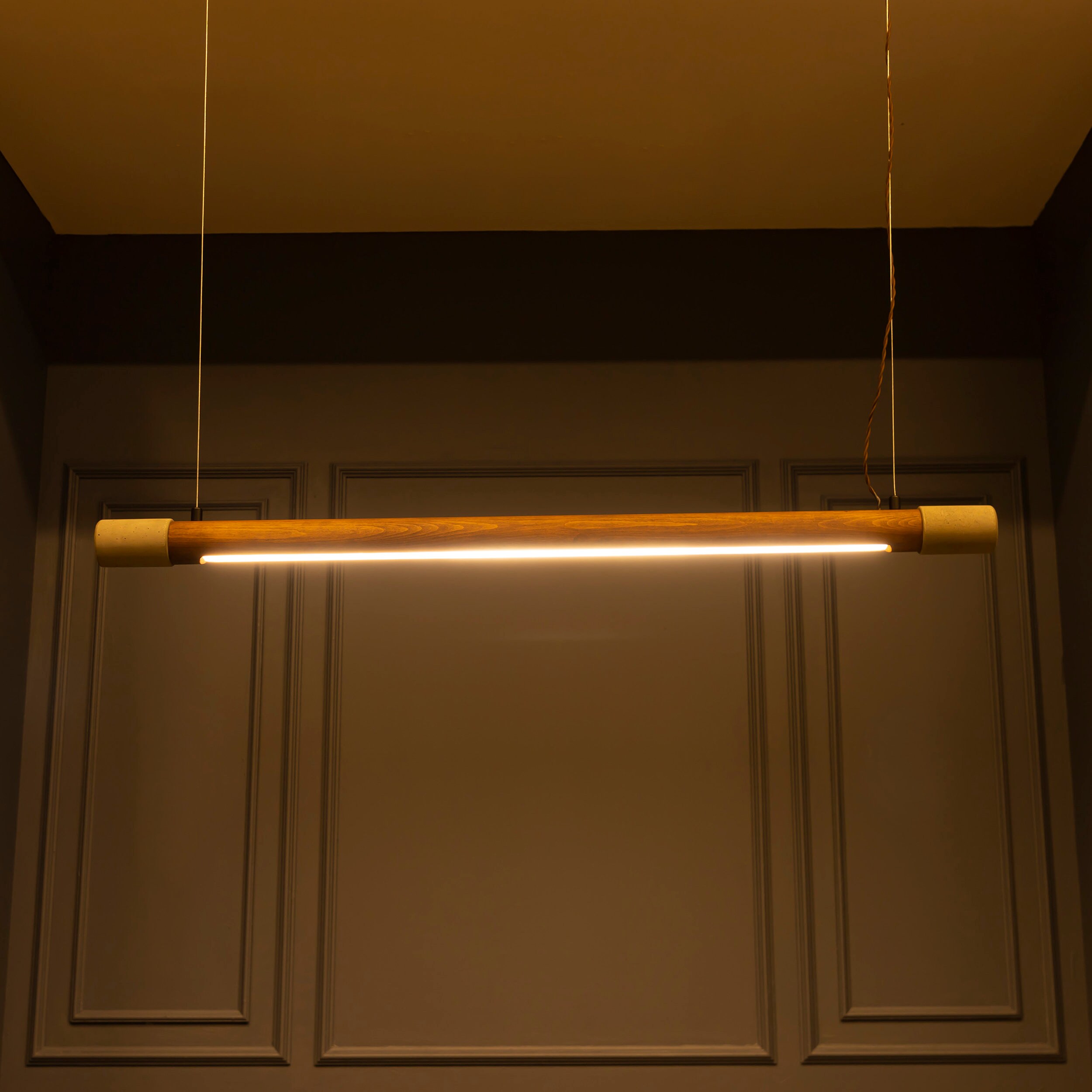 Linear Wood and Concrete Pendant LightingKitchen Island Ceiling LED Lamp Dining Room Chandelier