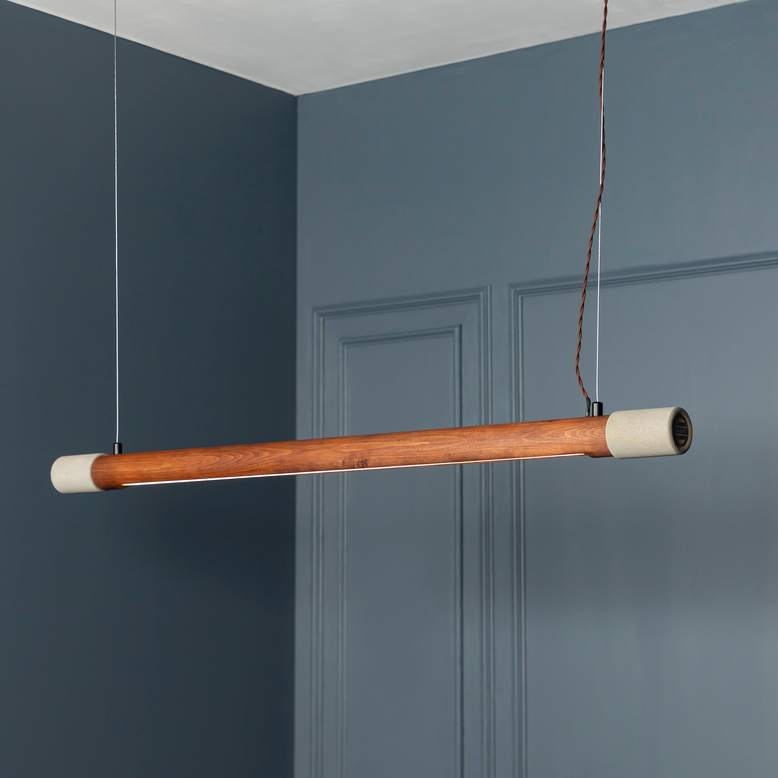 Linear Wood and Concrete Pendant LightingKitchen Island Ceiling LED Lamp Dining Room Chandelier