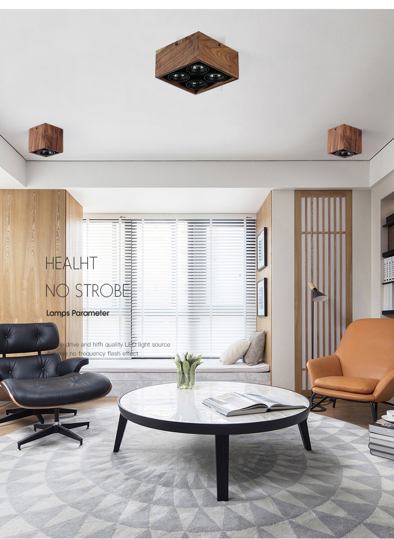 Solid wood exposed spotlight, downlight, ceiling light, home luxury walnut wood square grille lamp