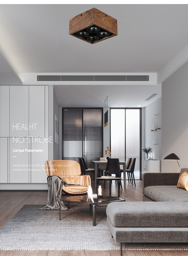 Solid wood exposed spotlight, downlight, ceiling light, home luxury walnut wood square grille lamp