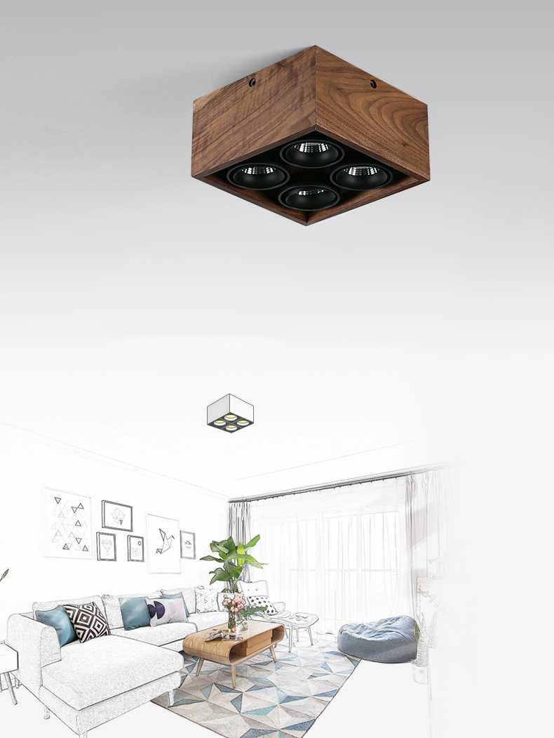 Solid wood exposed spotlight, downlight, ceiling light, home luxury walnut wood square grille lamp