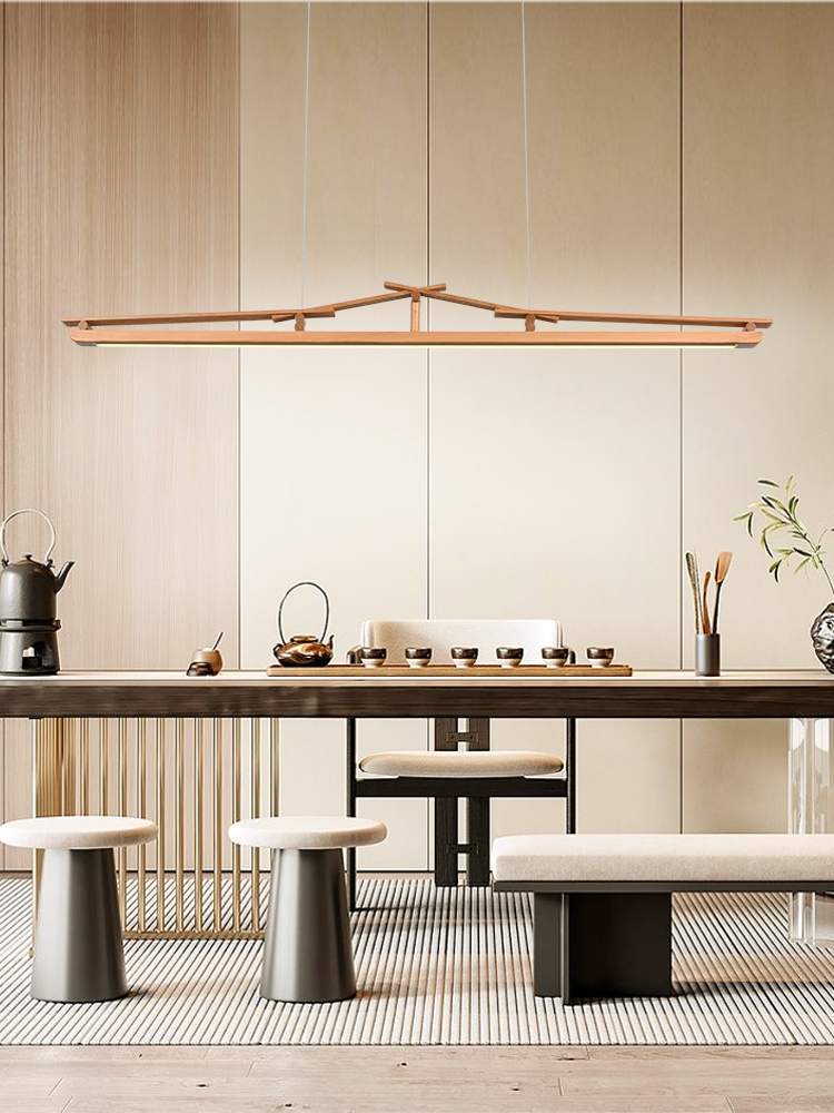 Nordic log style pendant lamp for restaurant, luxurious modern minimalist dining room bar wooden art one-line long strip light fixture, minimalist