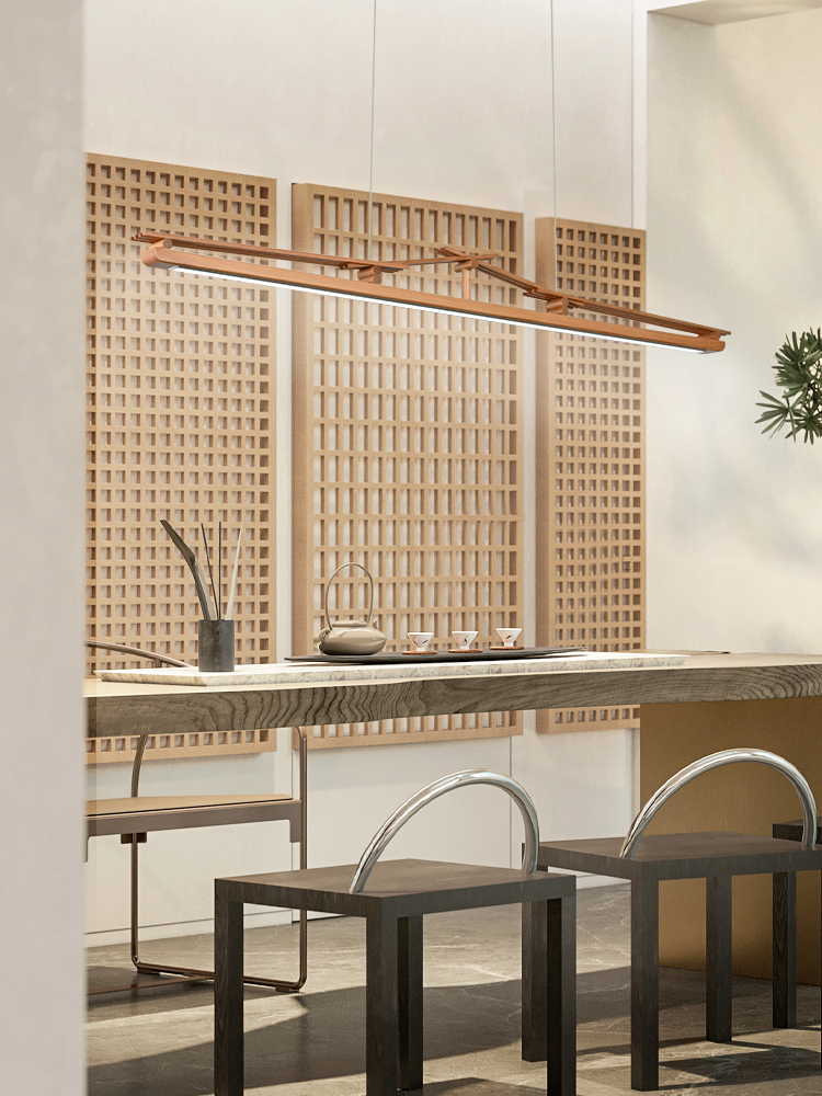 Nordic log style pendant lamp for restaurant, luxurious modern minimalist dining room bar wooden art one-line long strip light fixture, minimalist