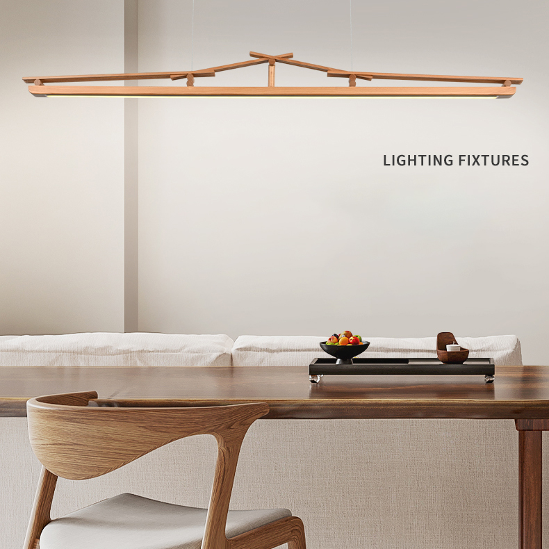 Nordic log style pendant lamp for restaurant, luxurious modern minimalist dining room bar wooden art one-line long strip light fixture, minimalist