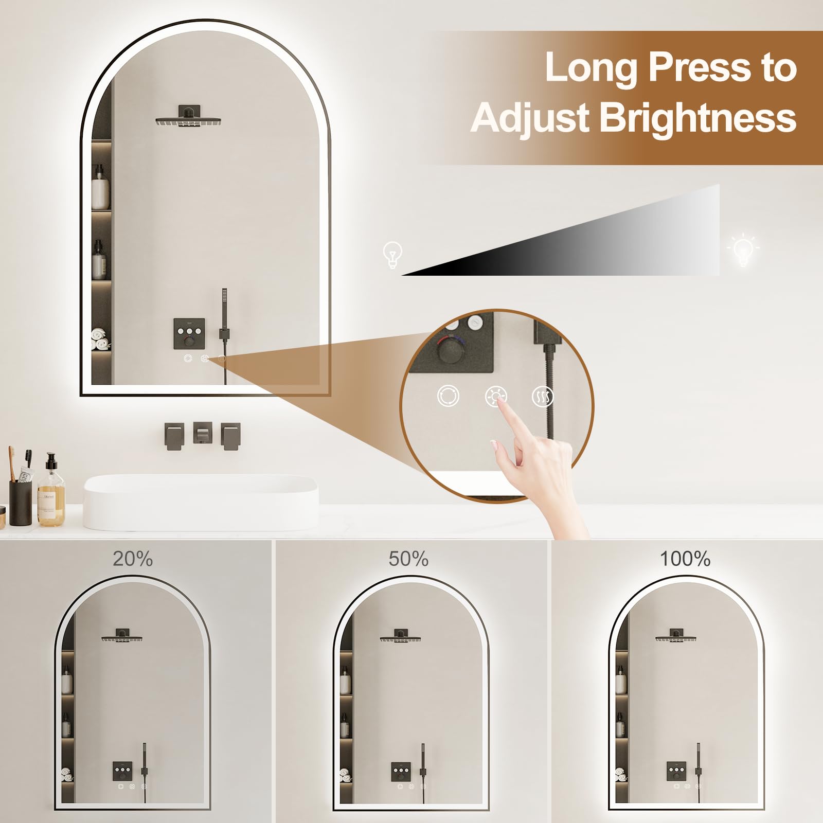 Arch Glass Bathroom Mirror with LED Light 3 Colors