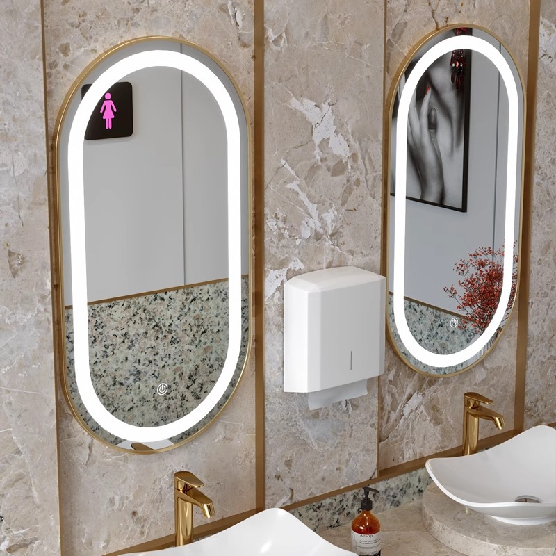 Custom Oval Lighted Vanity Bathroom Mirror with Gold Frame