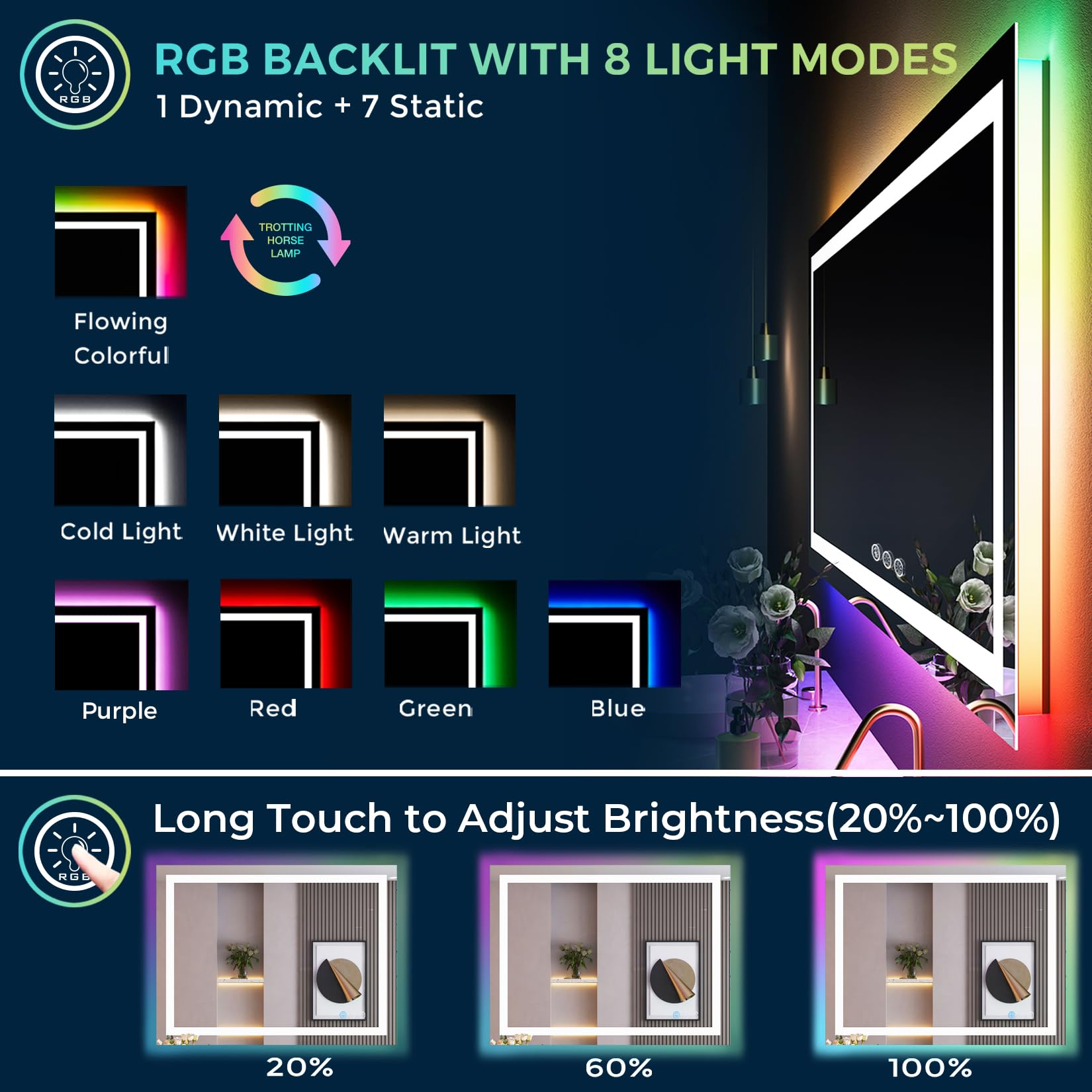 RGB LED Bathroom Vanity Mirror for Dressing Table