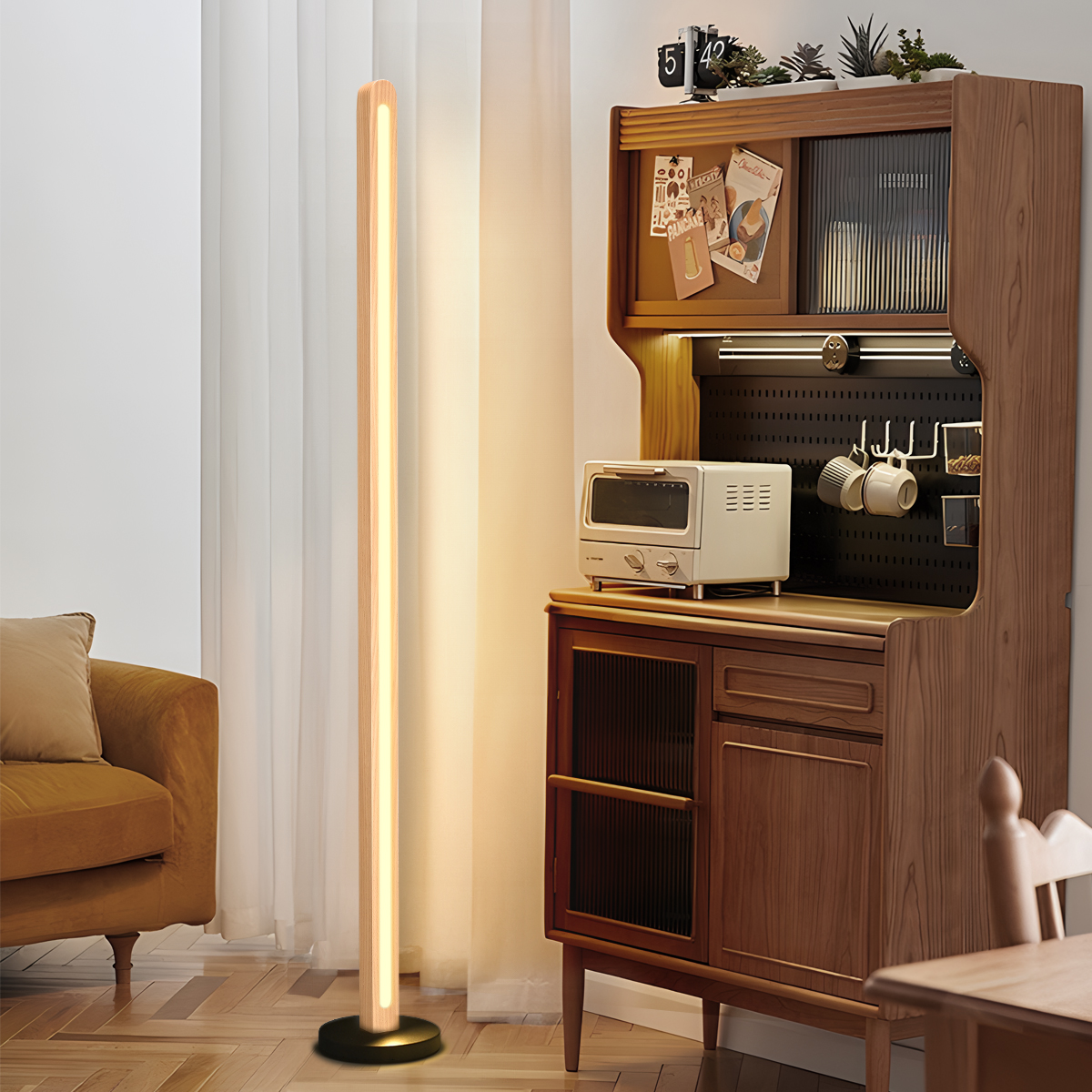 Minimalist Natural Wood Corner LED Floor Lamp with Remote