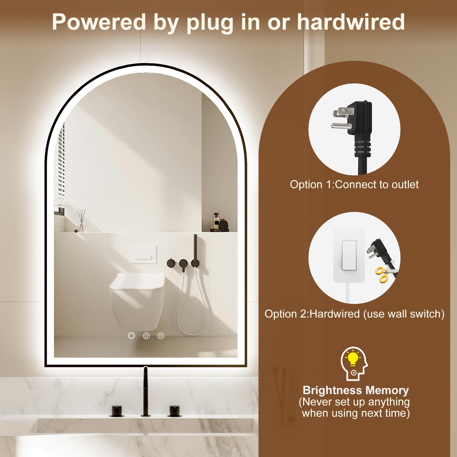 Arch Glass Bathroom Mirror with LED Light 3 Colors