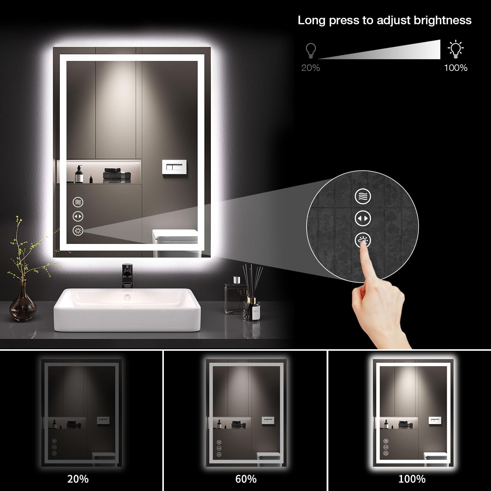  Rectangle Wall-Mounted Vanity Mirrors Backlit and Front Lit