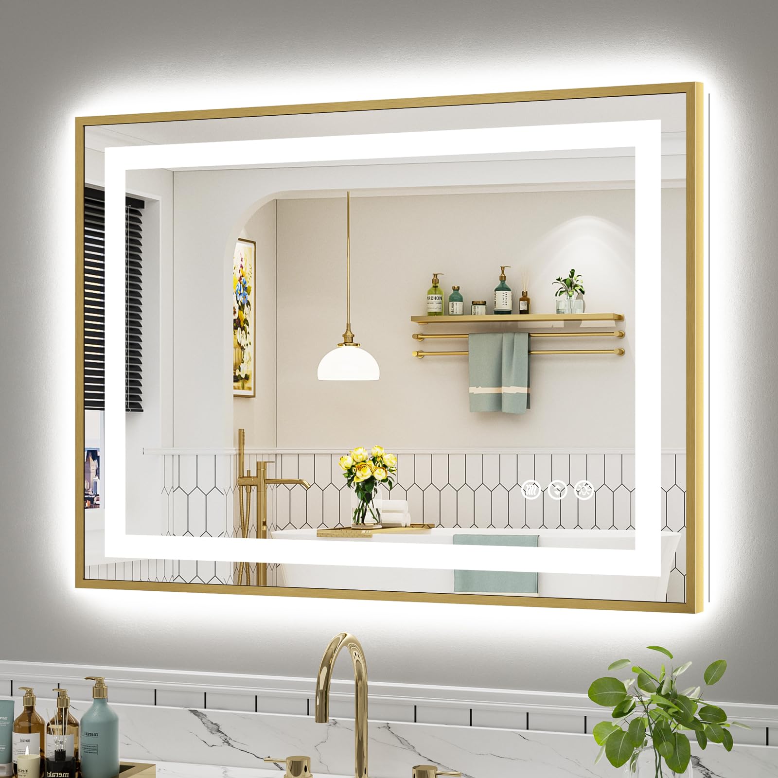 Large Gold Rectangle LED Vanity Mirror for Salon