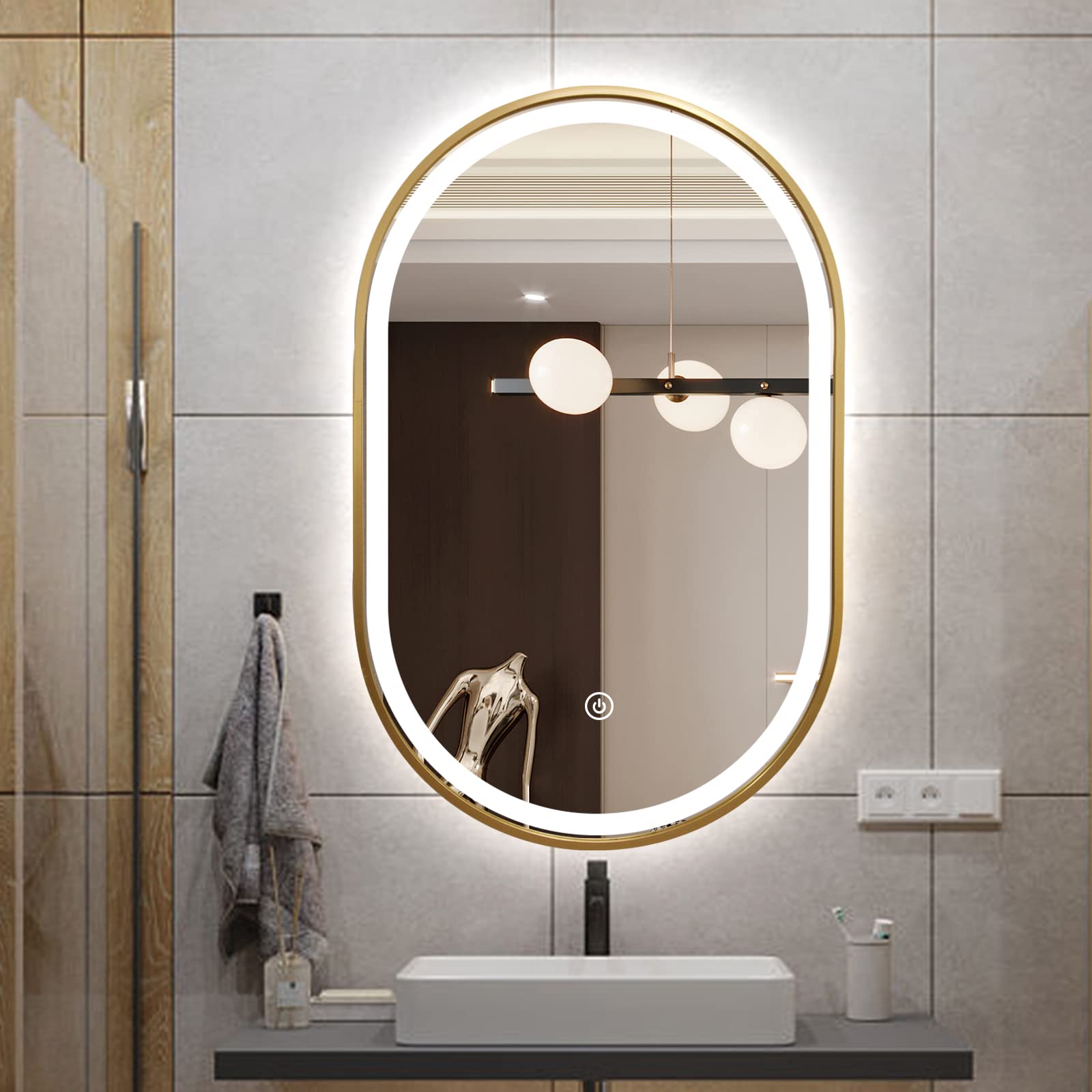 Custom Oval Lighted Vanity Bathroom Mirror with Gold Frame
