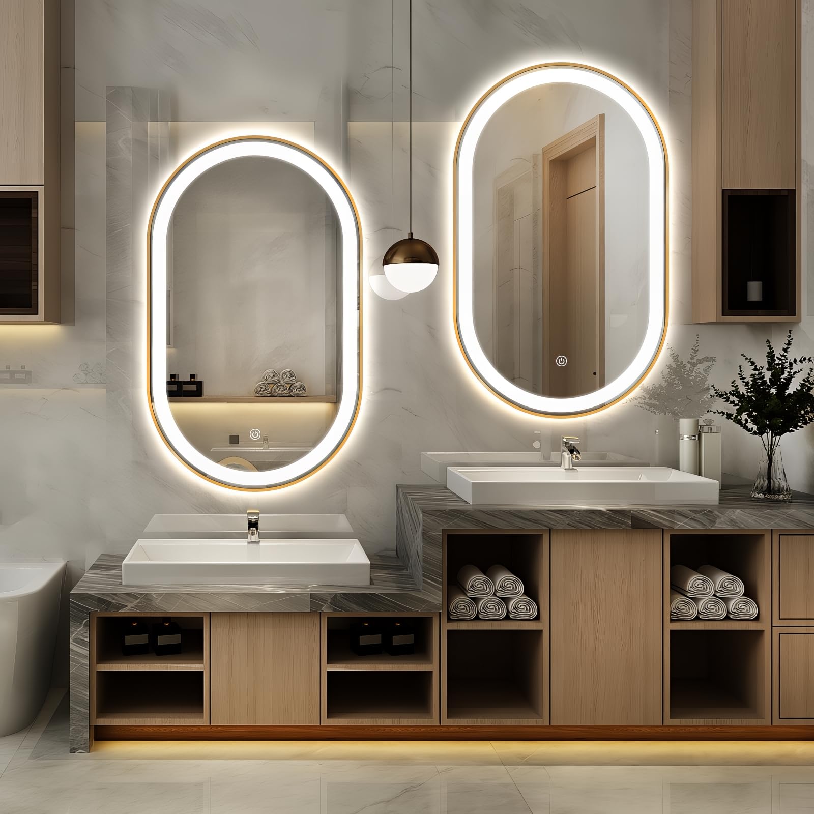 Custom Oval Lighted Vanity Bathroom Mirror with Gold Frame