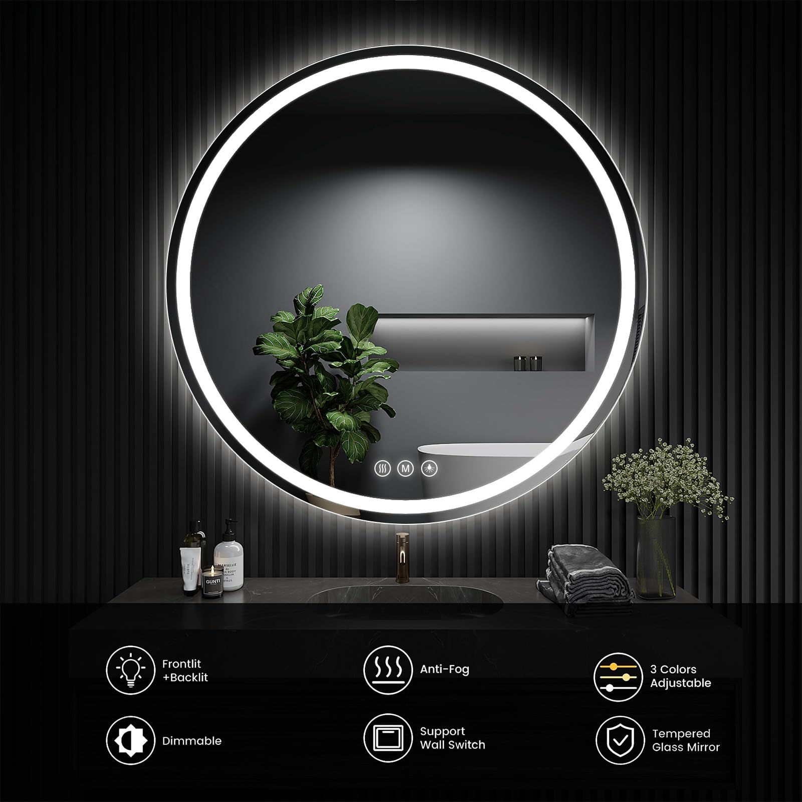 Wall Mounted Circle Bathroom Mirror with LED Lights for Makeup Solan