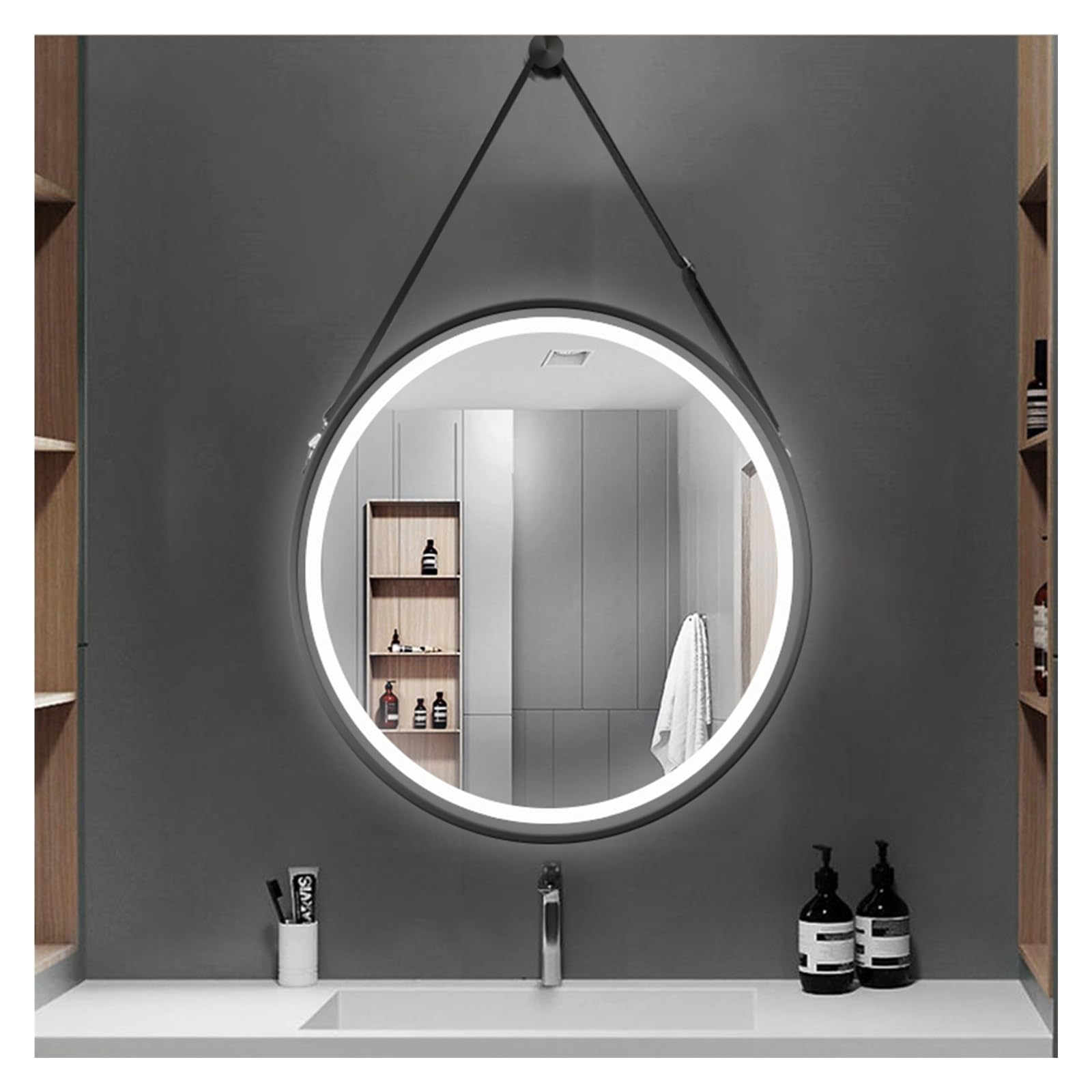 Round Bathroom Makeup Mirror with Strap for Villa Hotel Project