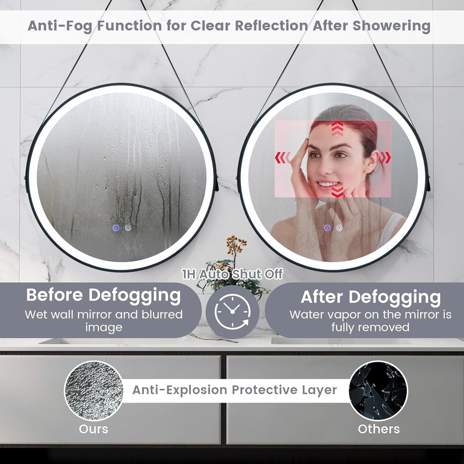 Round Bathroom Makeup Mirror with Strap for Villa Hotel Project