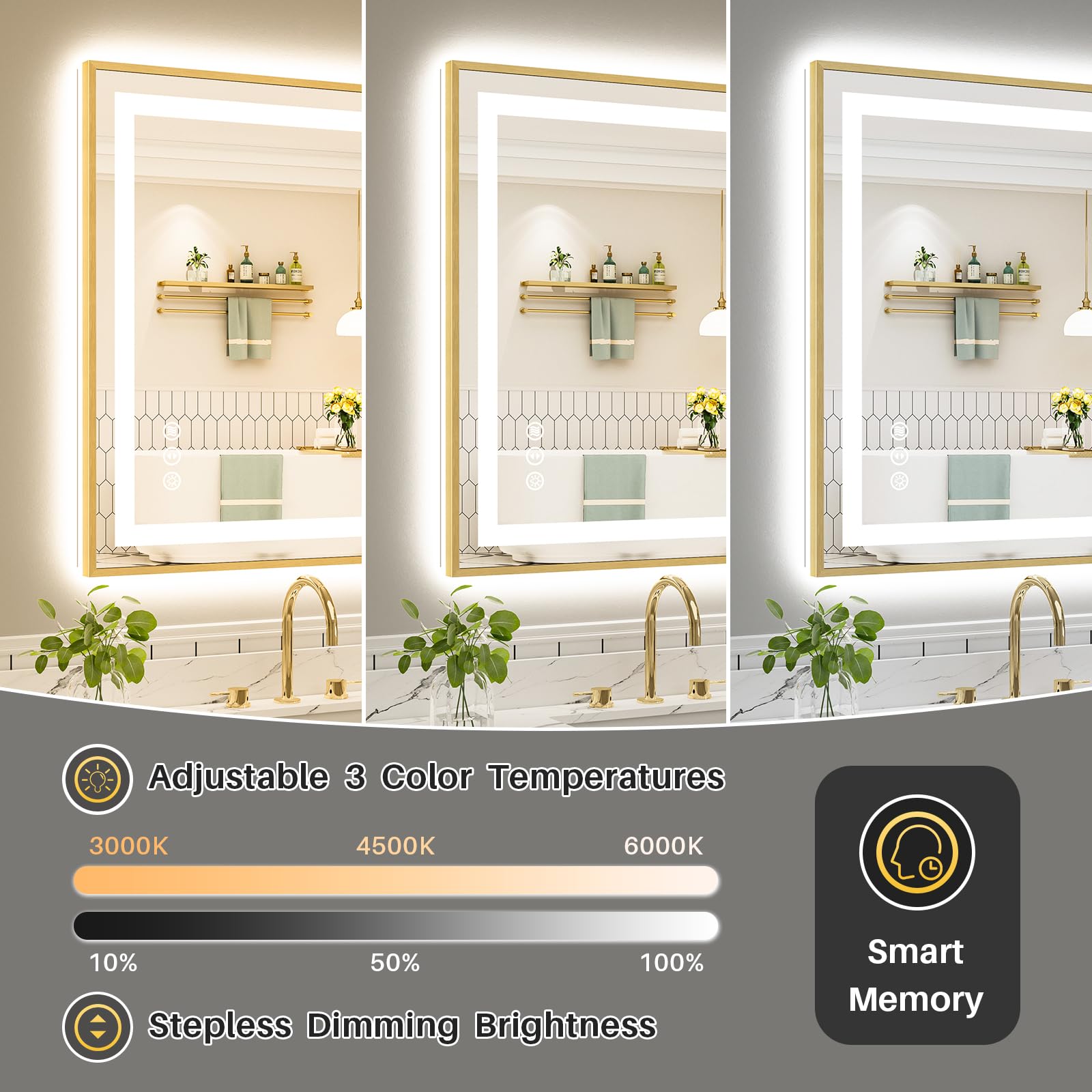 Large Gold Rectangle LED Vanity Mirror for Salon