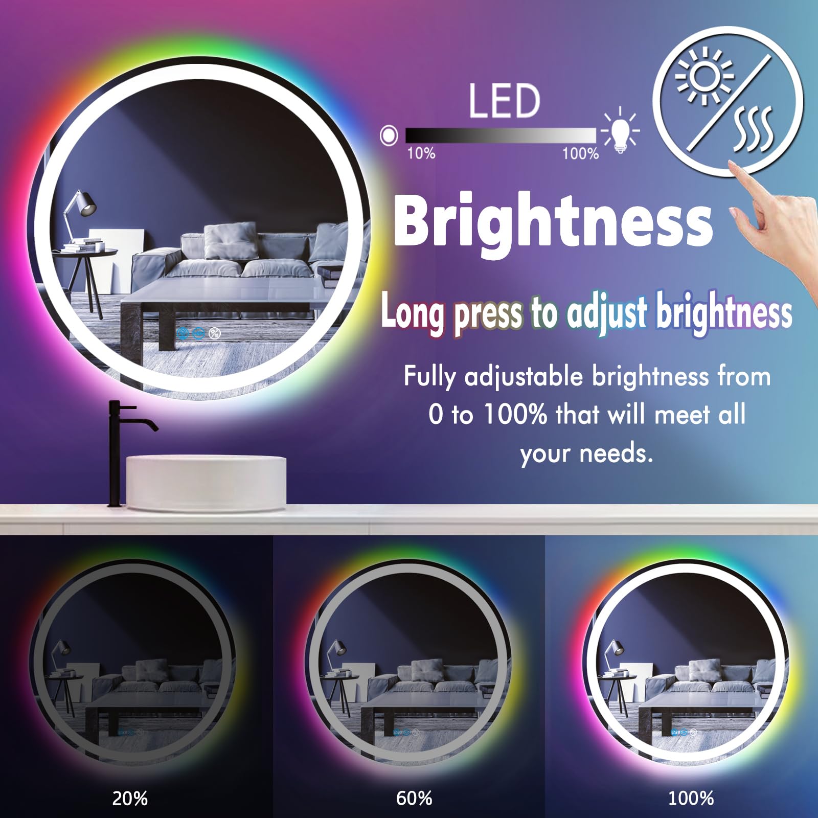 Custom RGB Lighting Mirror Hotel Bluetooth Display Screen