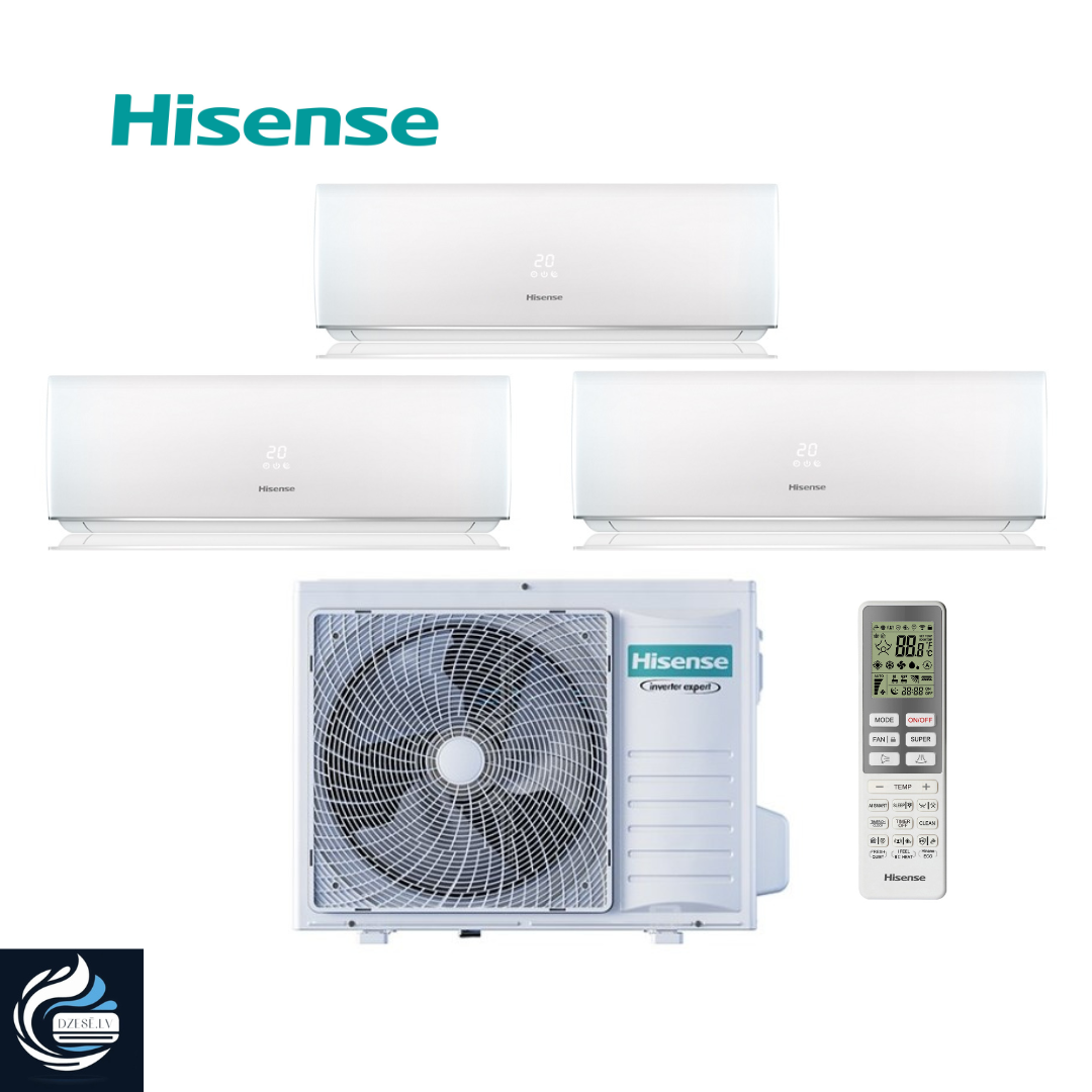 Hisense multisplit New Comfort sērijas gaiss / gaiss siltumsūknis ar kondicioniera funkciju, 3 iekšējo iekārtu komplekts DJ20YD00G x3 / 3AMW62U4RJC x1 (3x2.1kW), paredzēts 3x25m2