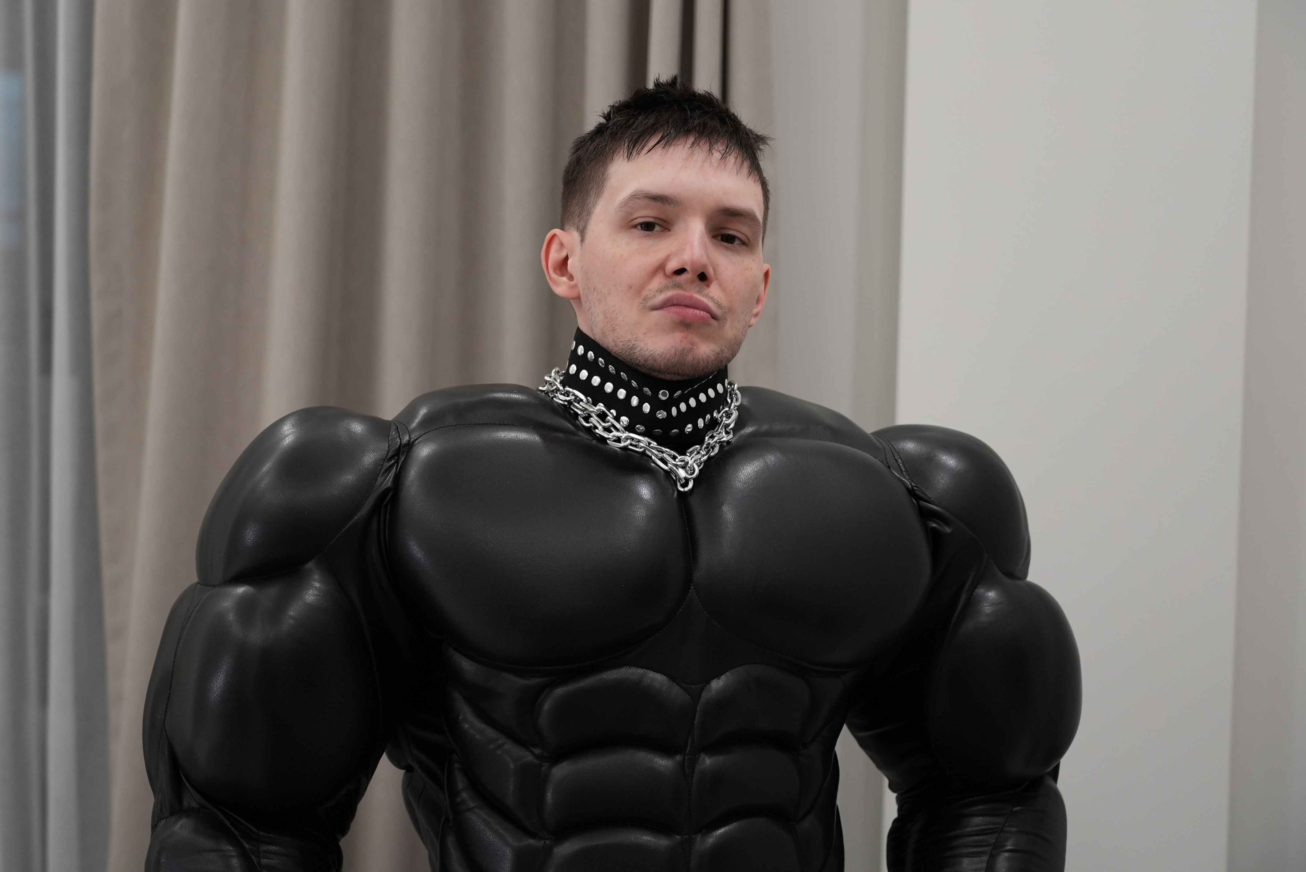 Big muscle suit / black faux leather + BUTT MUSCLES