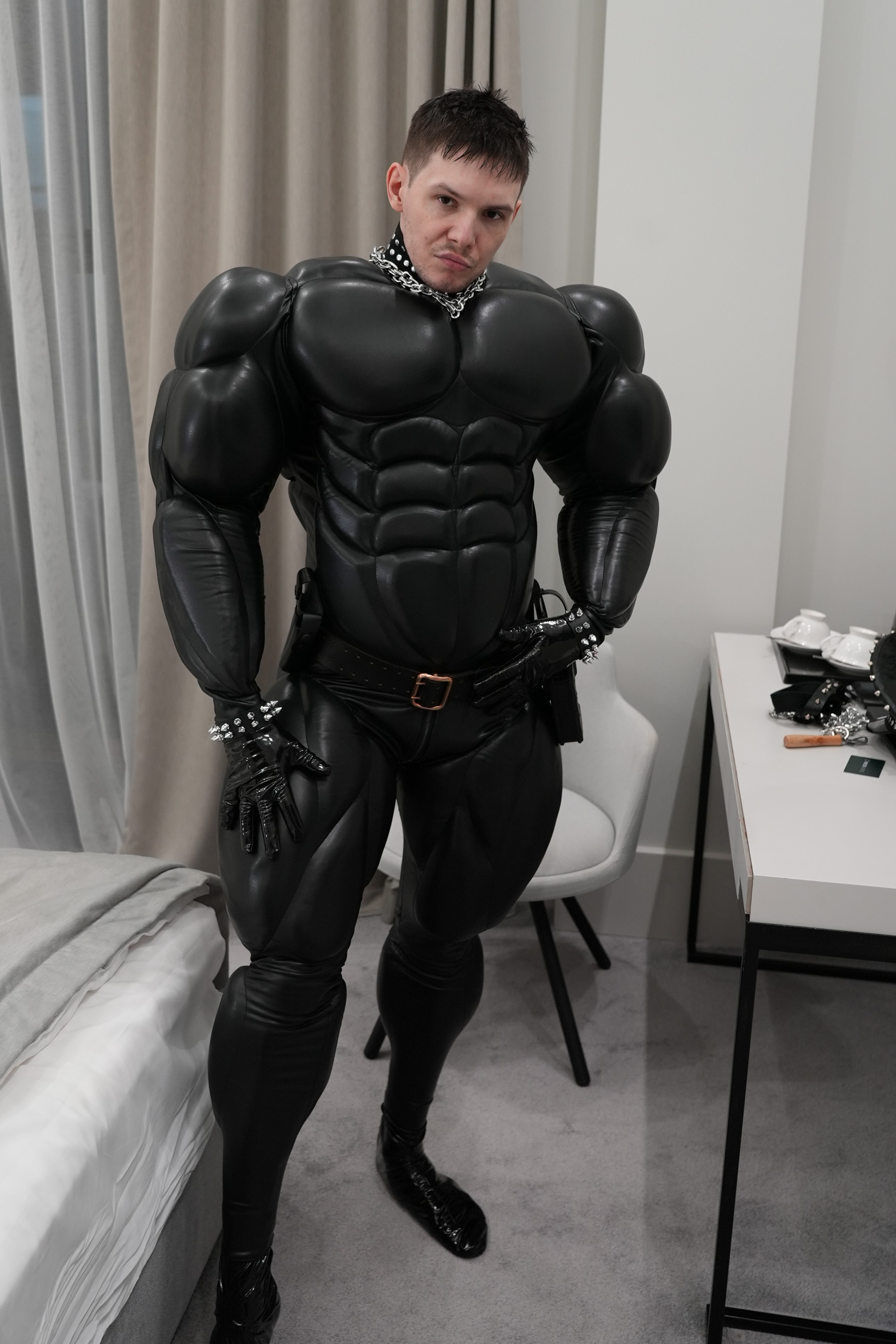 Big muscle suit / black faux leather + BUTT MUSCLES