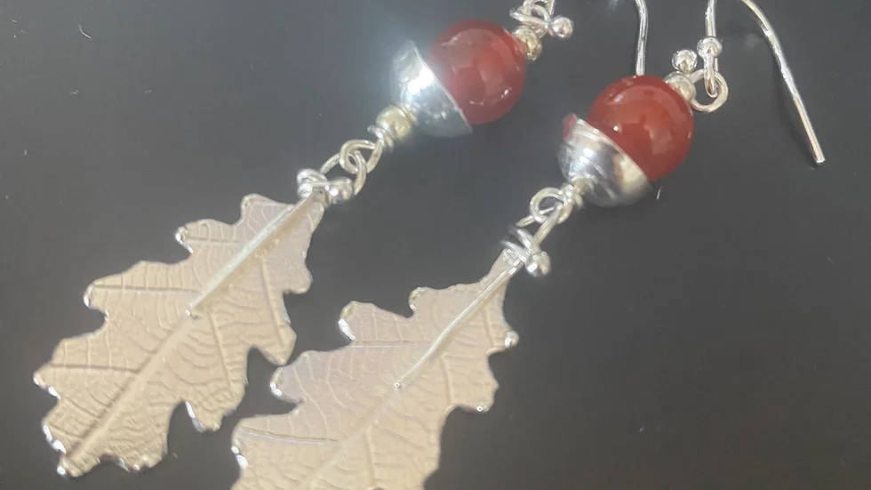 Acorn and Oak Leaf Log Drop Earrings © - Sterling Silver (Eco Silver)