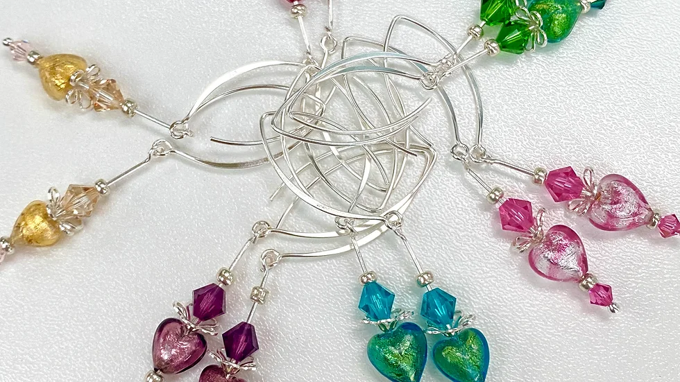 Venetian Murano Glass Heart Earrings Long Drop  Murano Glass Heart and Crystals