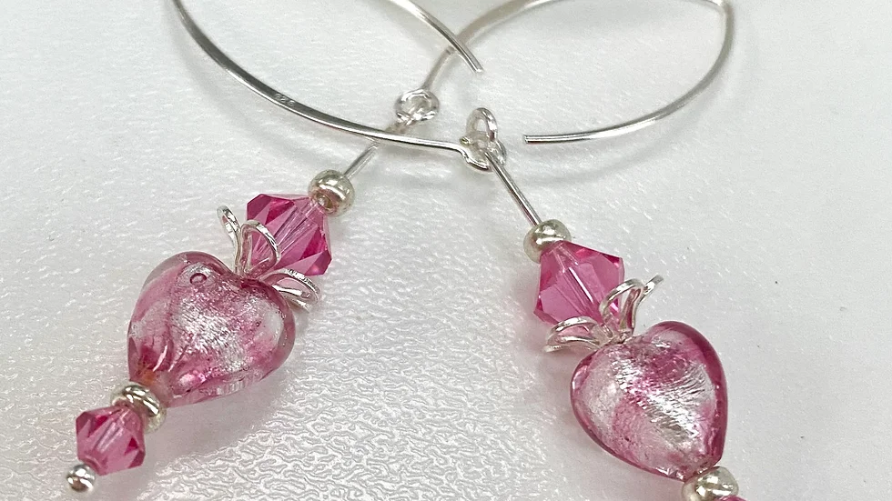 Venetian Murano Glass Heart Earrings Long Drop  Murano Glass Heart and Crystals