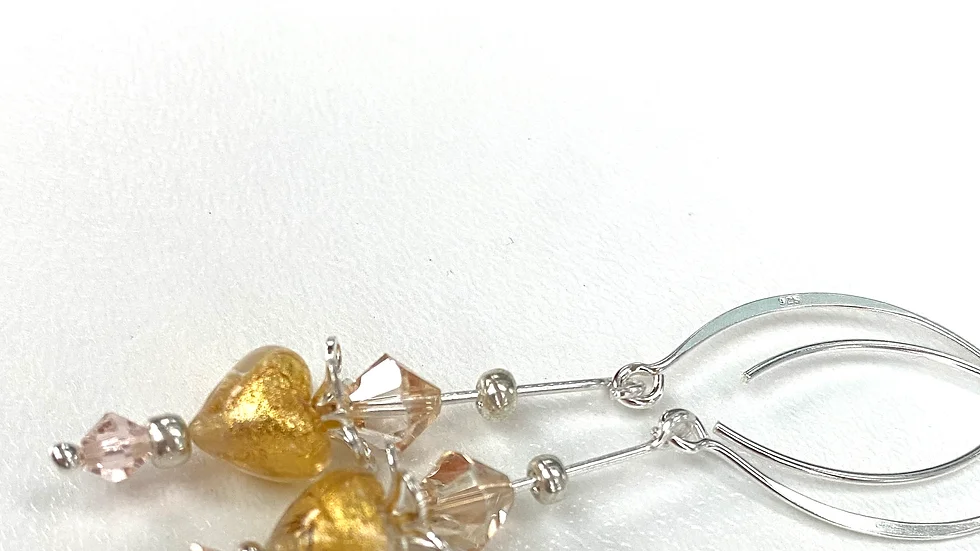 Venetian Murano Glass Heart Earrings Long Drop  Murano Glass Heart and Crystals