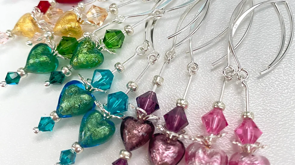Venetian Murano Glass Heart Earrings Long Drop  Murano Glass Heart and Crystals