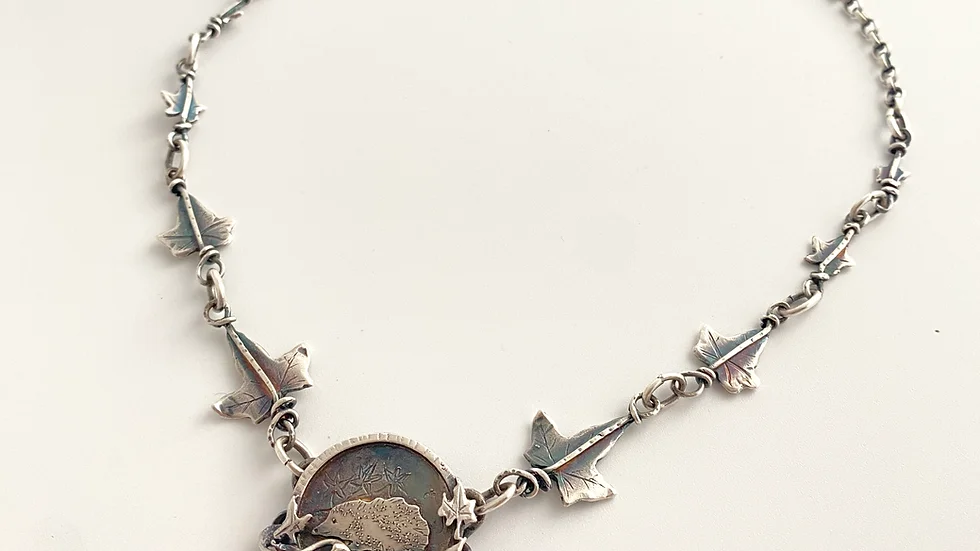 Hedgehog and Ivy Leaf Necklace © - Oxidised W&F