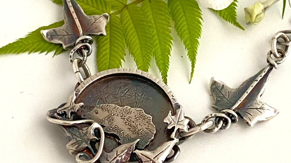Hedgehog and Ivy Leaf Necklace © - Oxidised W&F