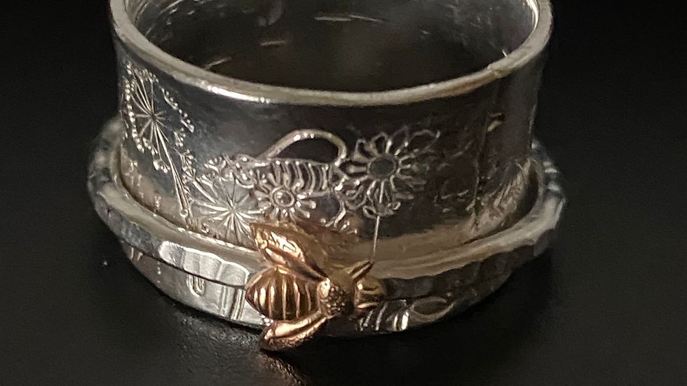 Bee in a Meadow Silver Bronze  Ring  ©2022  Size O  or made to order