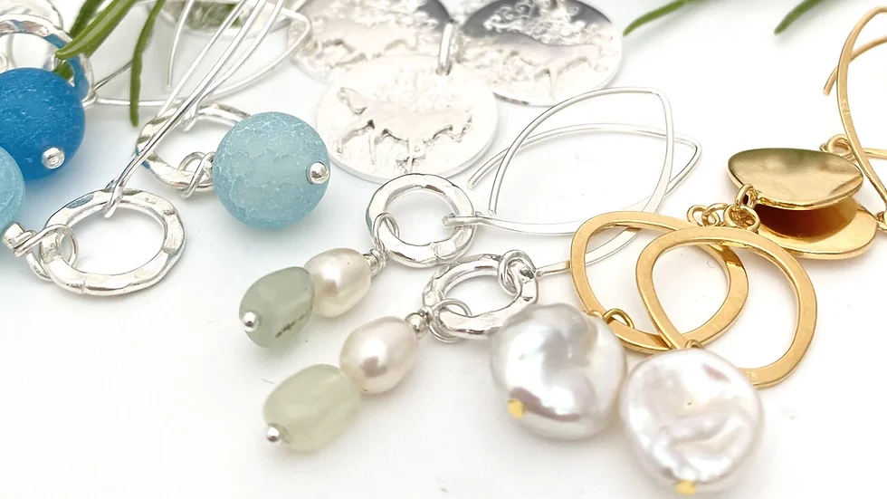 Silver Circle long drop earrings with Gemstones