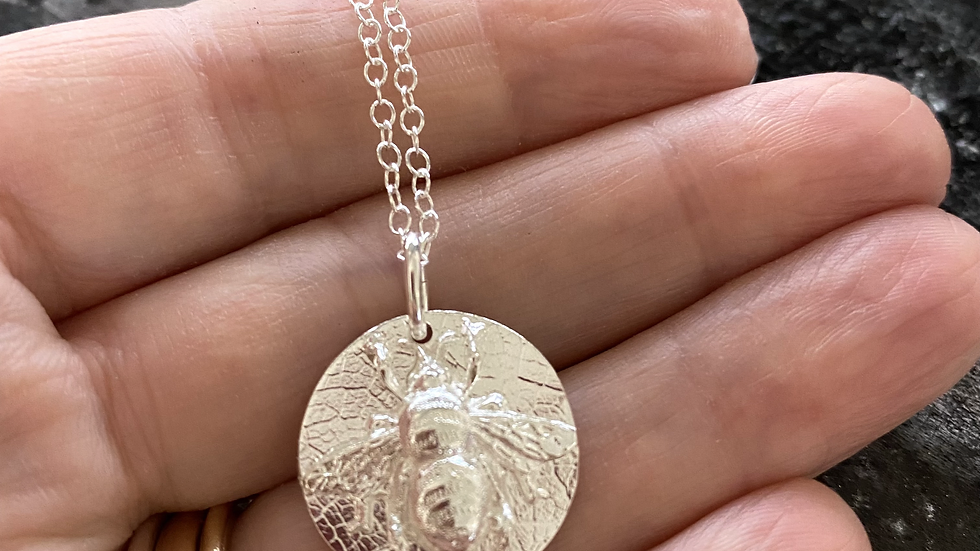 Solid Silver Honey Bee Coin Pendant & Chain.