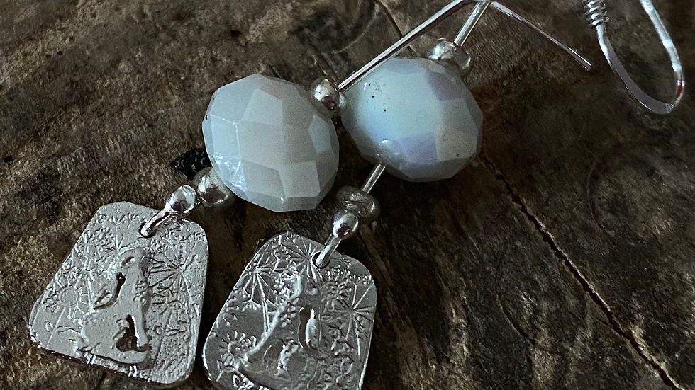 Moon Gazing Hare Long Drop  Silver Earrings