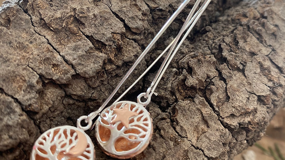 Earrings Moon Star Tree Long Drop Mis-Matched Silver Copper Earrings
