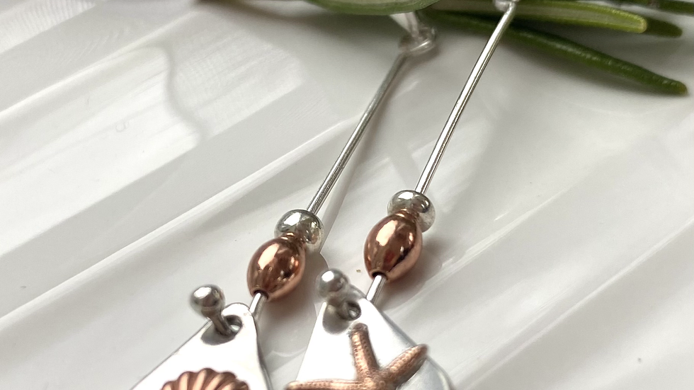 Earrings Seashore Long Drop Mis-Matched Silver Copper Earrings F&W