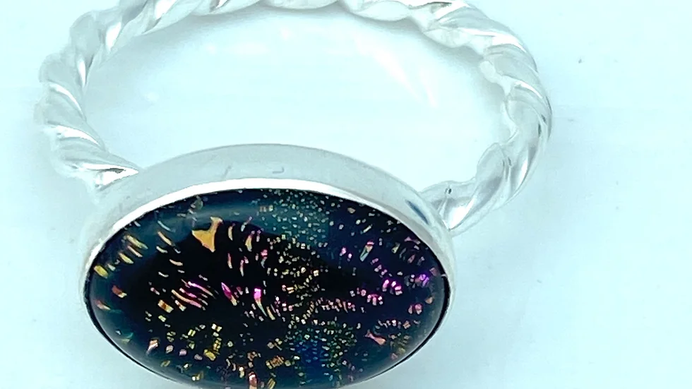 Ring size N pinky coloured diachronic glass and sterling silver. Landscape 