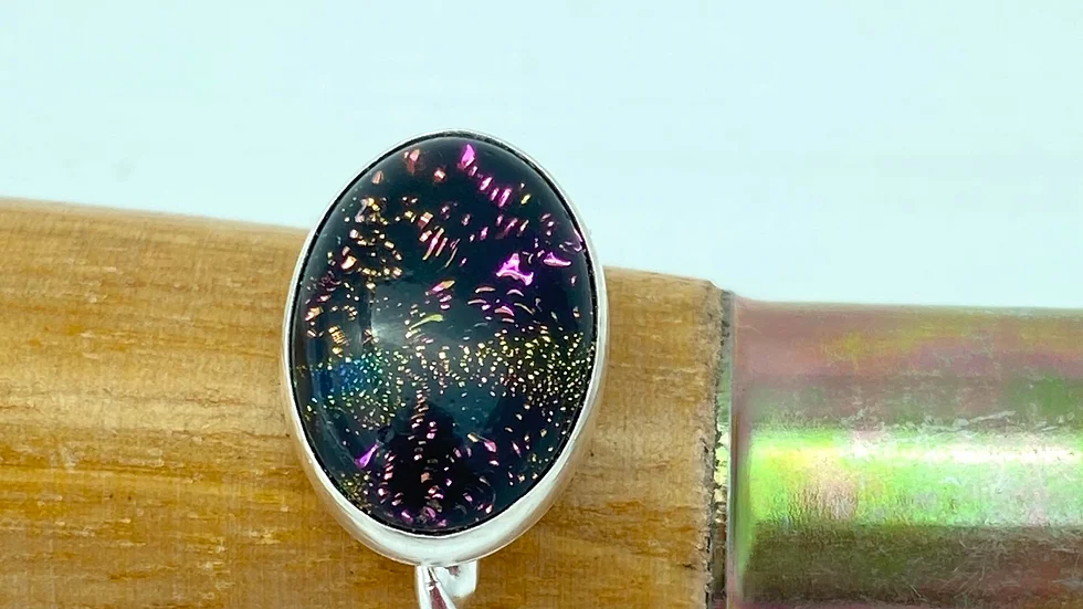 Ring size N pinky coloured diachronic glass and sterling silver. Landscape 