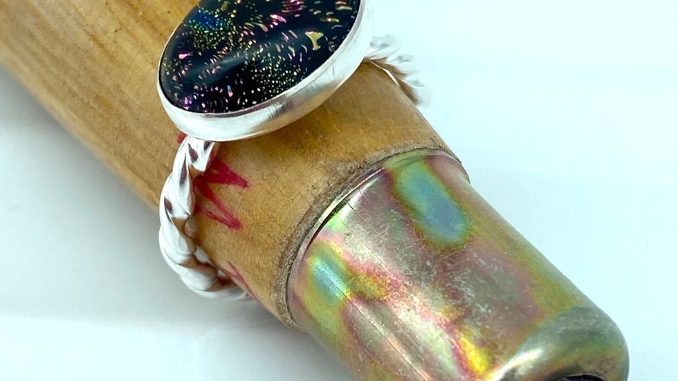 Ring size N pinky coloured diachronic glass and sterling silver. Landscape 