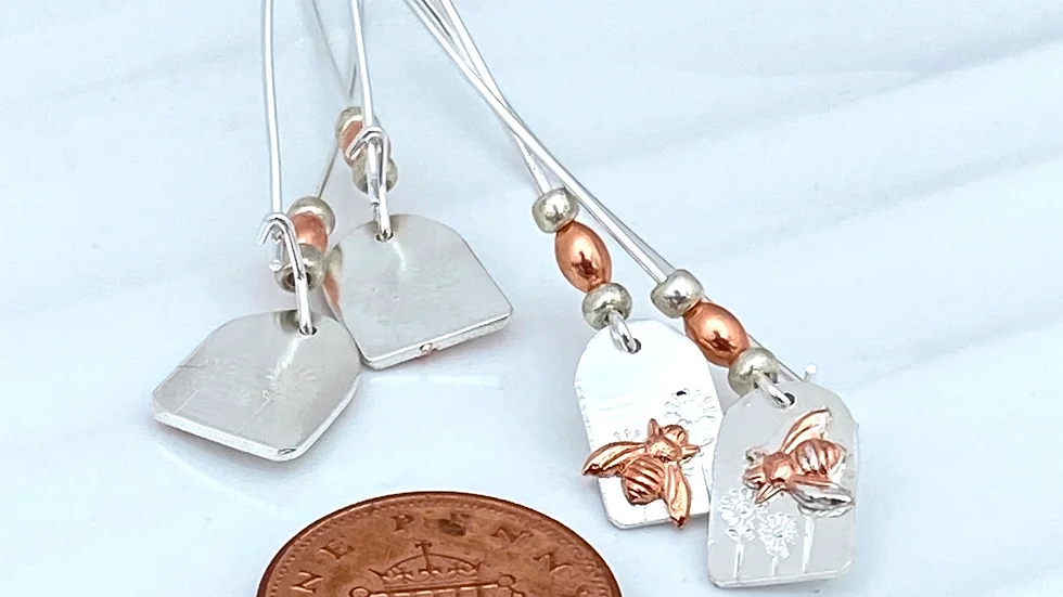 Earrings Bee Long Drop Mis-Matched Silver Copper Earrings