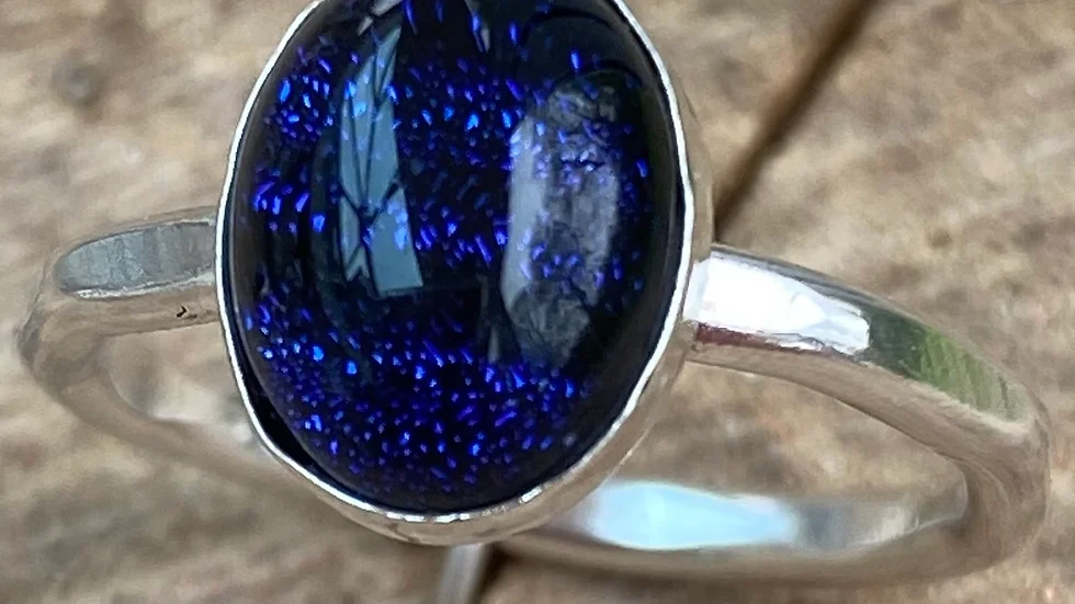 Dark Blue Black Diachroic Stone Set Silver Stacking Ring size L
