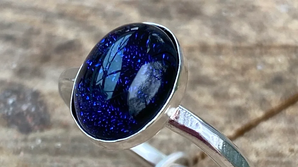 Dark Blue Black Diachroic Stone Set Silver Stacking Ring size L