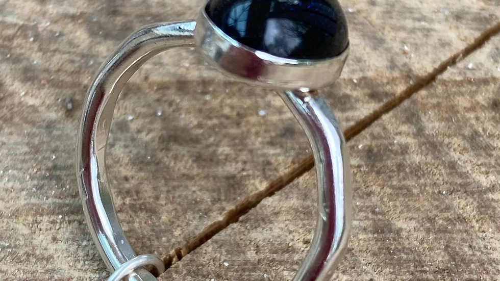 Dark Blue Black Diachroic Stone Set Silver Stacking Ring size L