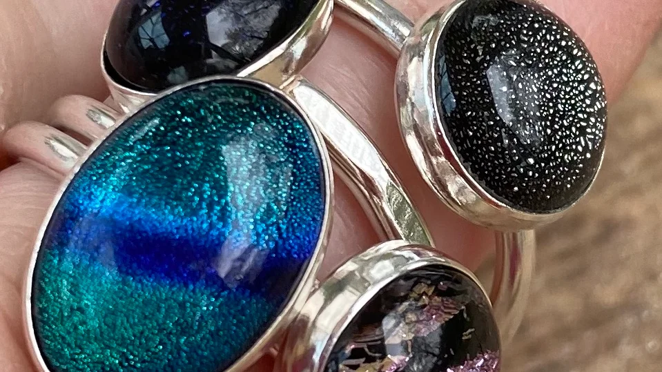 Black Diachroic Stone Set Silver Stacking Ring size S / T