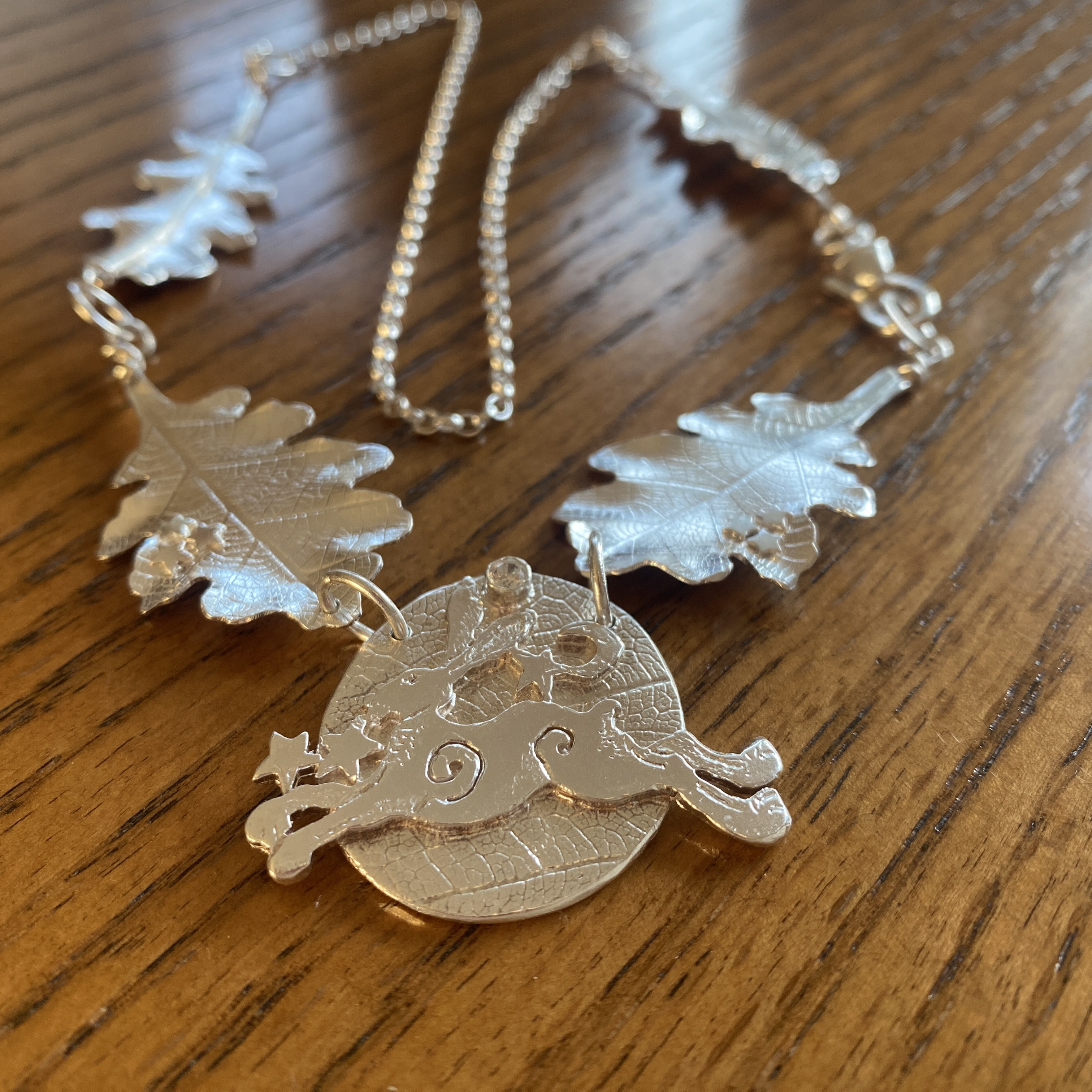 Silver leaf and Running Hare Necklace